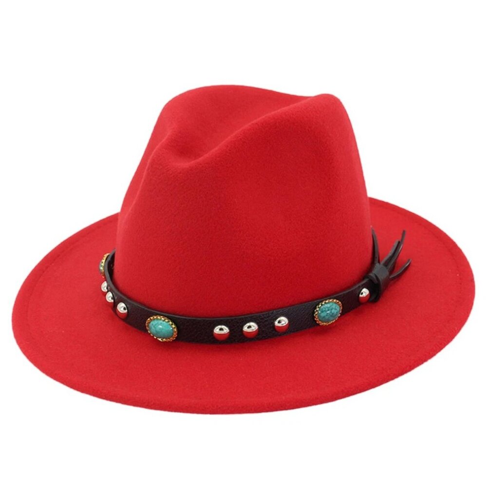 Red Wide Brim Fedora Hat Felt Panama Jazz Cap Unisex Men Women,Turquoise Strap